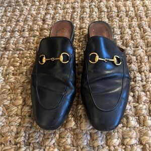 Gucci Black Leather Mules with Gold Hardware